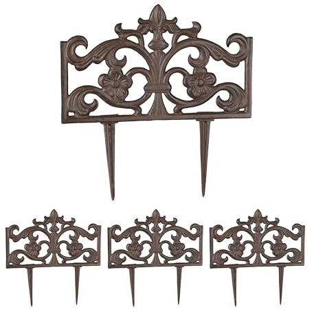 Relaxdays Bordo per Aiuole, Set da 4 Recinzioni in Ghisa per Prato in Giardino, HxL: 37x36 cm, Bordure Vintage, Marrone