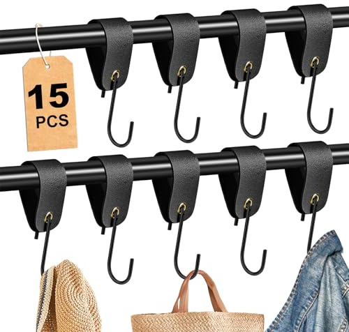 Forbabe 15 Stück S Haken mit Lederschlaufe, Kleiderhaken Edelstahl Kederschiene Metallhaken, Haken für Kleiderstange/Garderobe/Camping/Badezimmer (Schwarz)