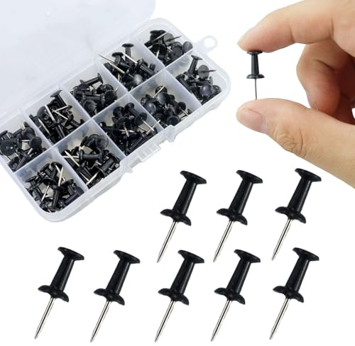 110 chinchetas negras reutilizables con caja de almacenamiento de plástico sólido, inoxidables, chinchetas para corcho, tablón de anuncios, tablón de anuncios, escuela, oficina