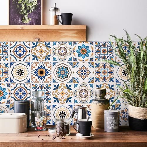 20pcs Moroccan Tile Stickers, Kitchen Bathroom Wall Stick on Tiles Self Adhesive Vinyl Waterproof Backsplash Peel and Stick Tile Covers Decals Vintage Mosaic Art (15cm x 15cm, 6x6 inches) Blue Orange