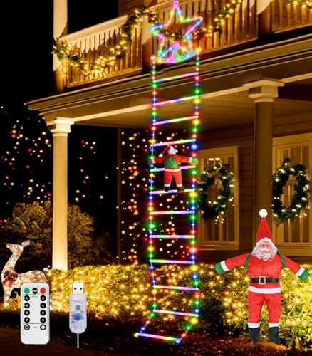 Weihnachtsmann Leiter Lichterkette Außen Innen - 3 M Weihnachtsbeleuchtung LED Stern Lichterkette USB mit Timer, 8 Modi Lichtervorhang Fenster Weihnachtsdeko Outdoor für Weihnachtsbaum Garten