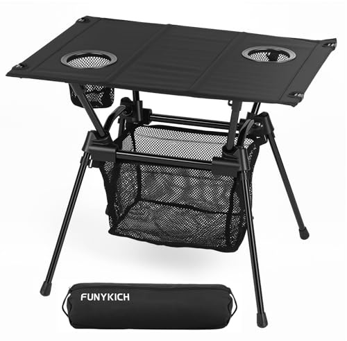 FUNYKICH Campingtisch klappbar, Ultraleicht Klapptisch mit Netztasche und 2 Getränkehaltern, 15KG Tragfähigkeit,Kleiner Pickniktisch für Outdoor Camping Picknik Angeln Wandern Strand Garten 59x43x51cm