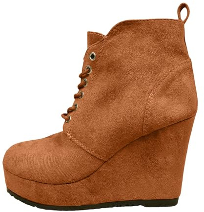 Bottines pour femme - Grandes bottines à lacets en daim avec talon compensé et bottines nues pour l'hiver et talon compensé chaud en velours pour femme - Légères, marron, 38.5 EU