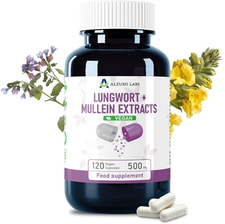 Alzuro Labs Polmonaria e Verbasco 2.000 mg equivalente | Alto dosaggio estratto 4:1 500 mg | 120 capsule vegane | Polmoni, vie respiratorie e respiro libero | GMP e testato da laboratorio terzo