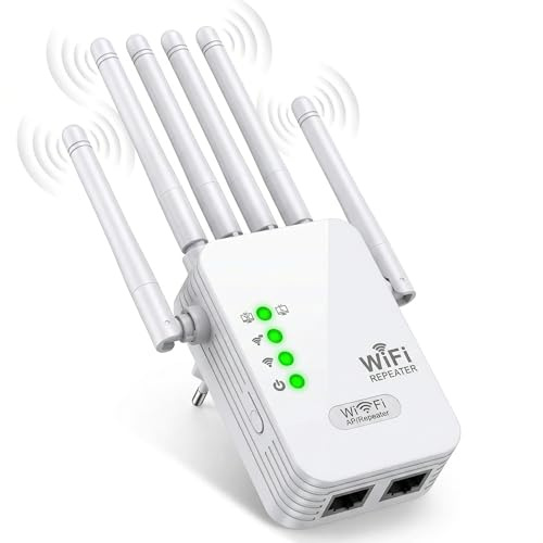 Repeteur WiFi Puissant Amplificateur WiFi,6 antennes 2,LAN Ports,Répéteur WiFi Puissant Mur épais Compatible avec Toutes Les Box Internet Ethernet Port L'installation est Rapide et Facile
