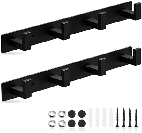 GWBPES 4 Haken Garderobenhaken, 2 Stück Garderobenleiste Schwarz Kleiderhaken Wand Jackenaufhänger Hakenleiste Garderobe für Schlafzimmer Bad Küche Wandgarderobe für Jacken Mäntel Taschen