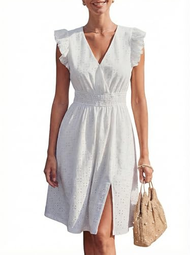 CUPSHE Abito midi da donna in pizzo con occhielli, vita arricciata, manica svolazzante, scollo a V, abito casual estivo fluido a linea A, prendisole, bianco, XL