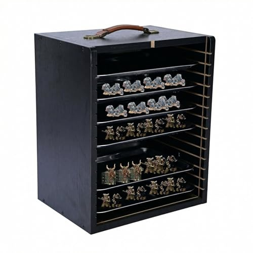 Miniature Carrying Case Wooden Display Case with Trays for Action Figures | with 6 Trays & Handle Wooden Display Case, Protective Transport Box for Action Figures Case Black