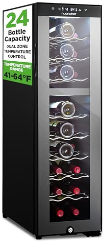Nutrichef 24 Bottle Wine Fridge | Dual Zone Wine Chiller | Adjustable Temperature 41°F to 64°F | Ultra Quiet Operation | Wine Cooler For Home, & Office | Free Standing 39x11x23 IN (Black)