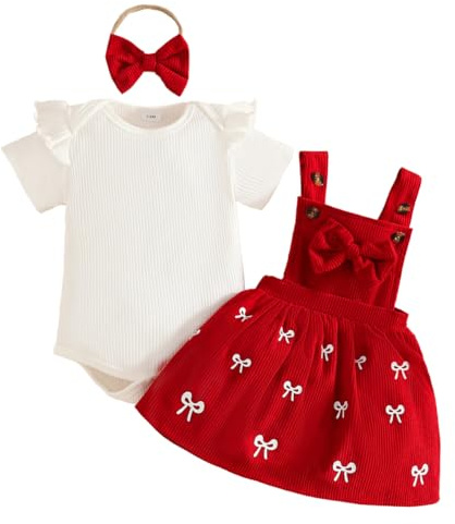 LUVCES 3 Piezas Conjunto Falda con Tirantes de Pana para Niña Recién Nacida Top Acanalado con Corazón y Diadema Ropa Bonita para Otoño e Invierno San Valentín