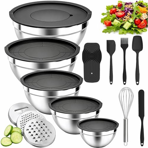 Nifogo Set di 5+14 Ciotole in Acciaio Inox, Insalatiera con Coperchio Ermetico e 3 Grattugie, 3,3L/2,5L/1,9L/1L/0,7L, Impilabile per Mescolare, Cuocere & Conservare