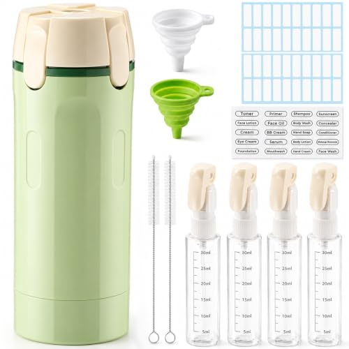 Veszoen 4 i 1 resedispenserflaska med borstar och tratt, påfyllningsbar, läckagesäker, toalettväska, bärbara reseflaskor för schampo, lotion, balsam, duschgel (grön)