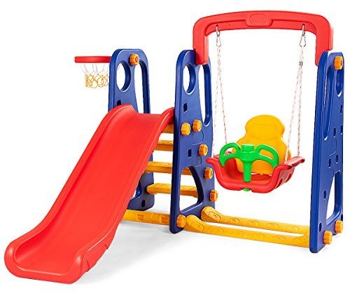Costzon Toddler Long Slide Set, 3-in-1 Large Climber Playset w/Basketball Hoop, Stairs, Thickened Panel, Playground Swing for Indoor Outdoor Backyard 3-10 Gifts Presents