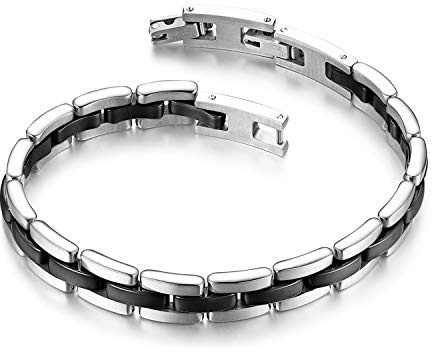 Flongo Keramik Armband Porzellan Damen: pink weiss schwarz silber Herren Pärchen Armbänder Armreif Edelstahl Armkette dünn für Frauen Männer Paar