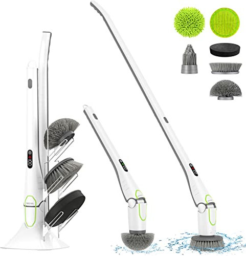 GOOD PAPA Brosse rotative électrique pour salle de bain avec 6 brosses de nettoyage remplaçables et 2 vitesses, brosse de nettoyage électrique avec poignée longue pour baignoire, carrelage, sol,