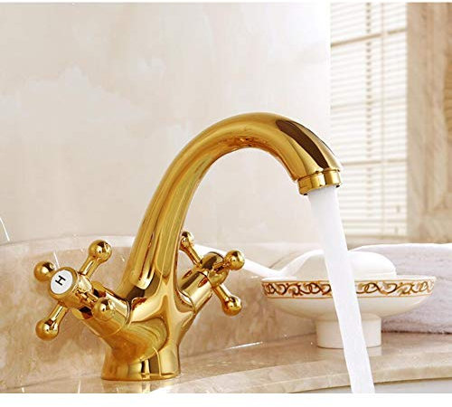 YHSGY Waschtischarmaturen Messing Gold Bad Becken Wasserhahn Waschbecken Kran Heißen Und Kalten Becken Wasserhahn Waschbecken Wasserhahn Mit Kreuzgriff