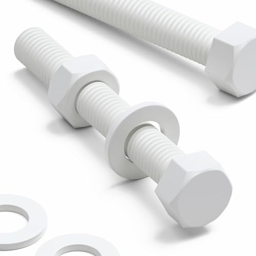 10x vis hexagonales blanches en PP M10 x 75mm, écrous et rondelles | Vis à tête hexagonale légères, résistantes à la corrosion, non conductrices et non magnétiques