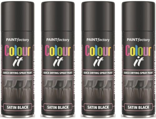 HitlineUK 4 x SATIN BLACK PAINT AEROSOL COLOUR IT SPRAY CAN QUICK DRYING DIY PLASTIC METAL WOOD 250ML