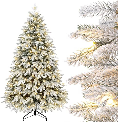 Yorbay Künstlicher Weihnachtsbaum mit Beleuchtung Schneeflocken: 150cm Hoch | Weiß Schnee LED Tannenbaum für Weihnachten Dekoration Wohnzimmer - Premium Weihnachtsbaum aus PE&PVC - Stabiler Metallständer