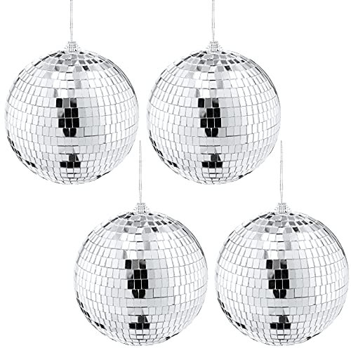 Suwimut 4 Pack Mirror Disco Ball, 15cm/6 Inches Cool and Fun Silver Hanging Ball With Ring for DJ Light Effect, Party and Home Decorations, Stage Props