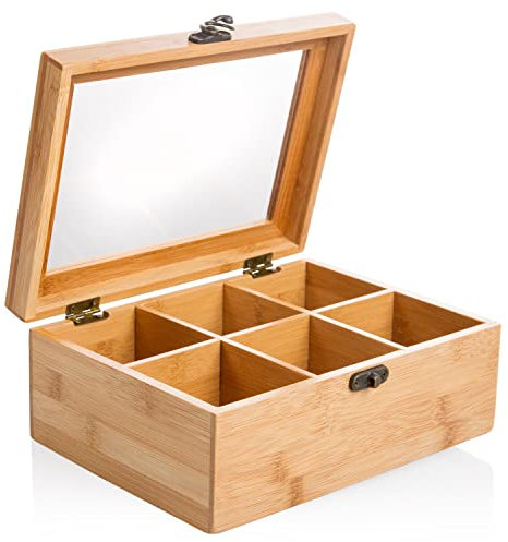 wenco Scatola da tè premium con 6 scomparti, 21,7 x 16 x 9 cm, in bambù, marrone chiaro
