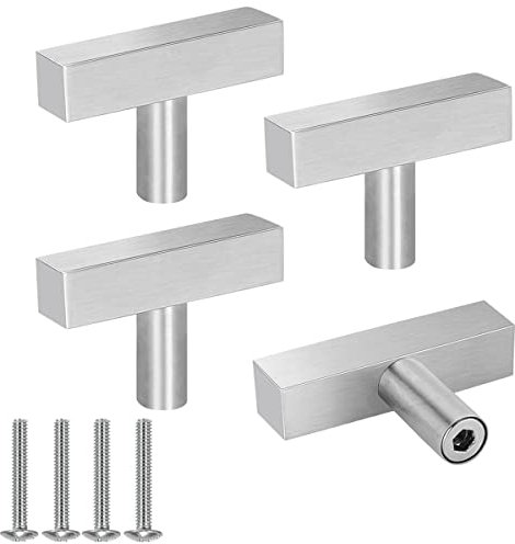 Drenky Tiradores Armarios, 4 piezas Plata Pomos y Tiradores Cajones de Acero Inoxidable Cuadrado Tirador para Muebles Un Solo Agujero Con Tornillos