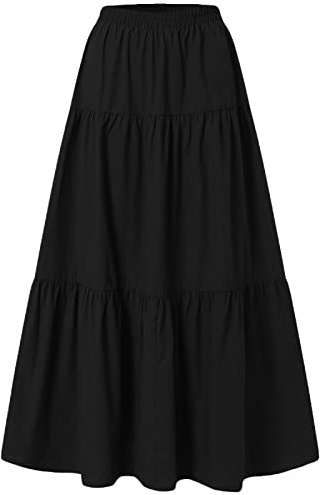 Jupe midi longue évasée vintage pour femme - Taille élastique - Couleur unie - Grand ourlet plissé, Noir , XL