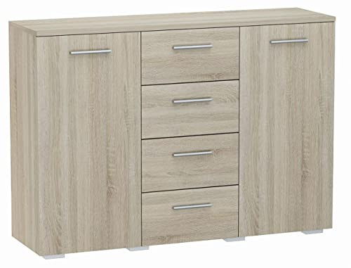 MATKAM Schlafzimmer Kommode mit Schubladen und Türen - Sideboard Wohnzimmer H:84xB:120xT:35 cm - Komode mit 5 Schubladen und 2 Türen - Komodenschrank für Schlafzimmer - Sonoma Eiche