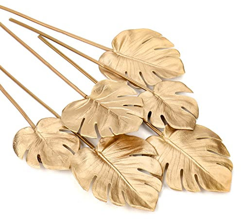 Oairse 6pcs Artificial Monstera Leaves with Long Stem Tropical Fake Plant Leaves Foam Palm Leaves Realistic Gold Faux Monstera Leaf for Flower Arrangement Home Garden Party Office Decoration