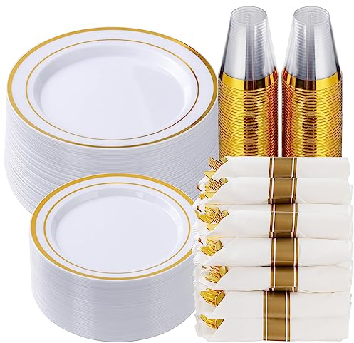 Goodluck 350 Piece Gold Plastic Dinnerware Set for 50 Guests, Fancy Disposable Plates for Party, Include: 50 Dinner Plates, 50 Dessert Plates, 50 Pre Rolled Napkins with Silverware, 50 Cups