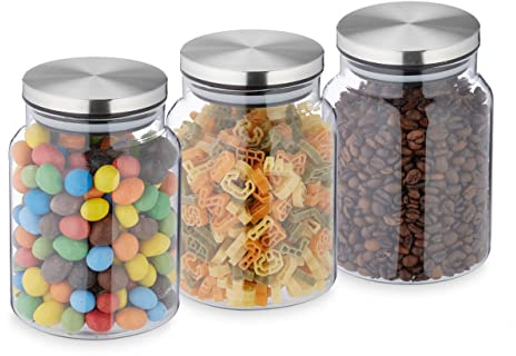 Relaxdays Vorratsgläser mit Deckel, 3er Set, 700 ml, runde Vorratsdosen, luftdichte Glasbehälter, transparent/Silber
