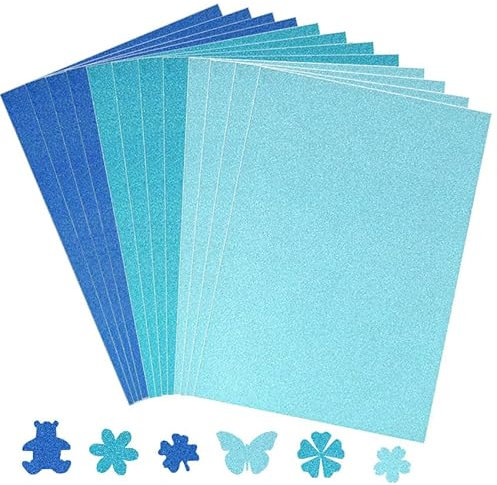 12 Blatt Glitzerpapier zum Basteln und Gestalten,21x29.7cm A4 Bunt Glitzer Papier,250g/m² Glitterkarton Bastelpapier für DIY Grußkarten Scrapbooking Glitter Craft Paper Cardboard,3 Stile Blau