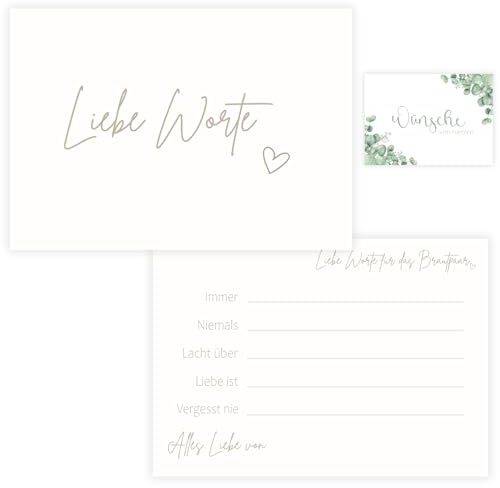 Wünschekarten Hochzeit – 50, 75 oder 100 Karten DIN A6, matt, beschreibbar mit jedem Stift – für Wunschbaum, Traurituale & Gästebuch – Ivory Rosa Eukalyptus Gold Grün - mit Text