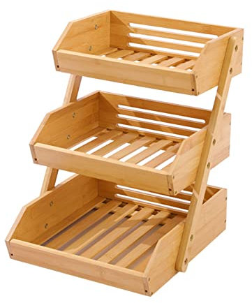 Kryvella 3 Tier Wooden Fruit Basket Large Fruit Vegetable Snacks Sundries Storage Stand for Kitchen Counter Fruit Shop Outdoor Picnic