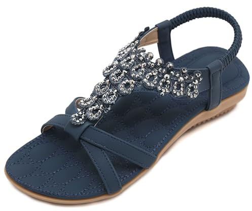 Amissz Sandali Donna Estive Comodi Eleganti Infradito Strass Fiore Bohemia Flip Flop Spiaggia Bohémien Sandalo Stile 4 Blu marino 37EU