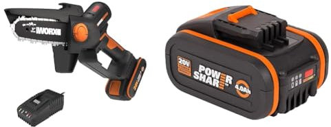 WORX WG325E NITRO Profi Mini Akku-Kettensäge 20V Einhand Ast-Säge starker Brushless Motor 12cm Schnittlänge leicht & Ladegerät & WA3553 Akku 20V – Wiederaufladbarer