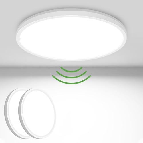 zemty LED Deckenleuchte mit Radar Bewegungssensor 15W 5000K, Flache Lampe mit Bewegungssensor Innen, 18cm 1500LM Runde Deckenleuchte Bewegungssensors IP44 Wandleuchte für Balkon Flur Garage, 2 Pack
