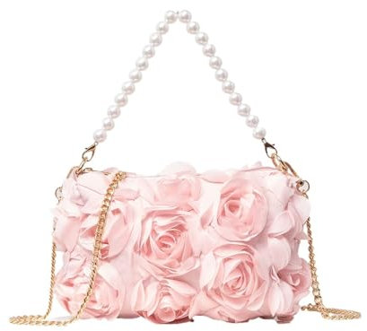 TYNXK Blume Abendtasche Elegante Dinnertasche mit Rosenblüten, Handtasche aus Kunstperlen, Umhängetasche mit Metallkette, Brauttasche Damen-Clutch(Pink)