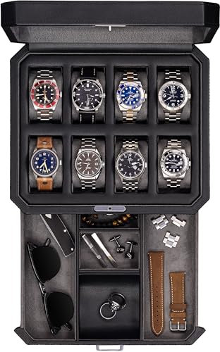 ROTHWELL Scatola per orologi in vera pelle, a 8 scomparti, con cassetto estraibile, per gioielli, con serratura e vetro, per uomini e donne (nero/grigio)