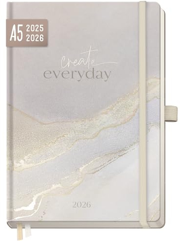 Häfft® Wochen-Notiz-Kalender 2025/2026 A5 - Buchkalender für 18 Monate: Jul 25 - Dez 26 Beige Marble - Hardcover mit Folienprägung- nachhaltig & klimafreundlich