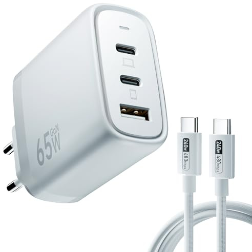 65W Chargeur USB C 3-Ports GaN III, Chargeur Rapide PD3.0 avec 240W 1,8M câble, Alimentation USB C Compacte pour MacBook Air/Pro, iPhone 17Pro/16, Galaxy S24/S23, iPad Pro/Air, ThinkPad, Dell, Pixel