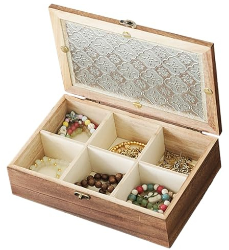 Boîte de rangement à bijoux en bois - Mini boîte à bijoux vintage - Boîte à bijoux pour femme - Peut contenir des colliers, des boucles d'oreilles et des bagues (24 x 16 cm)