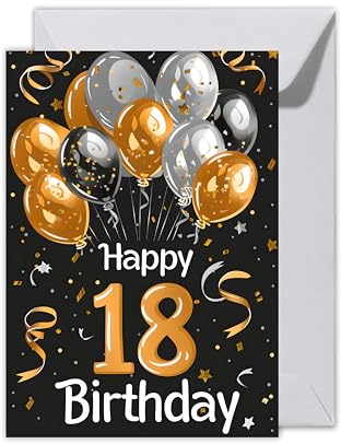 WBdesignz XXL Geburtstag Karte mit Umschlag - Elegante Geburtstagskarte 18 Jahre “Happy Birthday Schwarz Gold Ballons 18ter Geburtstag (XXL DIN A4)