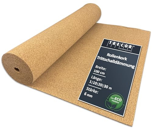5 m² | Isolation phonique TRECOR Rouleau en liège – Épaisseur 6 mm – Isolation acoustique naturelle et écologique pour sols stratifiés et parquets – 5 m²