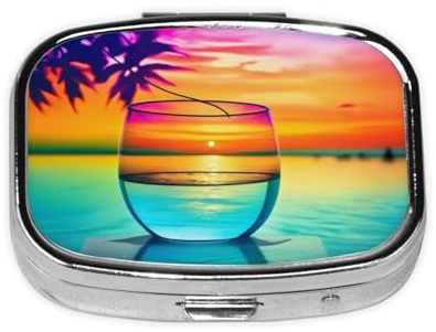 Pilulier carré en verre coloré coucher de soleil – Pilulier étanche à 2 compartiments – Distributeur de pilules de poche portable pour poche ou sac à main