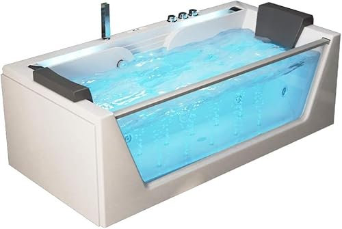 Supply24 since 2004 Whirlpool Badewanne Korfu – freistehend oder Eckmontage (179x85 cm) – 14 Massagedüsen, Heizung, Ozon Desinfektion, LED Farblichttherapie & Radio – Glasfront & Bachlauf