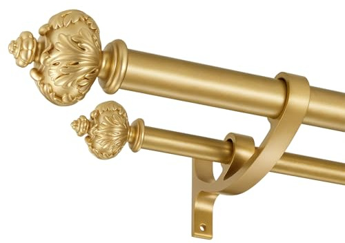 Lwiiom Heavy Duty Double Curtain Rod with Palm Leaves Finials and Aluminum Bouquet Brackets,Double Curtain Rods for Windows 36 to 72 Inches,1 Inch Front, 5/8 Inch Back Adjustable Double Rods,Gold
