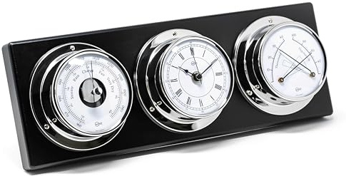 BARIGO 386RFPO TEMPO Wetterstation, Glas, Echtholz-Gehäuse | Wetterwarte mit Quarzuhr, Barometer, Hygrometer, Messbereich -35-65 °C, maritimes Design, Made in Germany