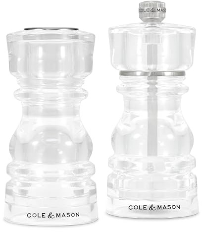 Cole & Mason London Salt and Pepper Shaker and Grinder Set 13cm Acrylic | Salt Shaker for Ground Salt and Pepper Mill With Adjustable Grind and Ceramic Mechanism For Peppercorns Ideal For Seasoning