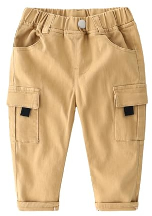 Pantalon de jogging cargo droit pour bébé garçon en coton uni taille élastique avec poches, kaki, 3-4 ans